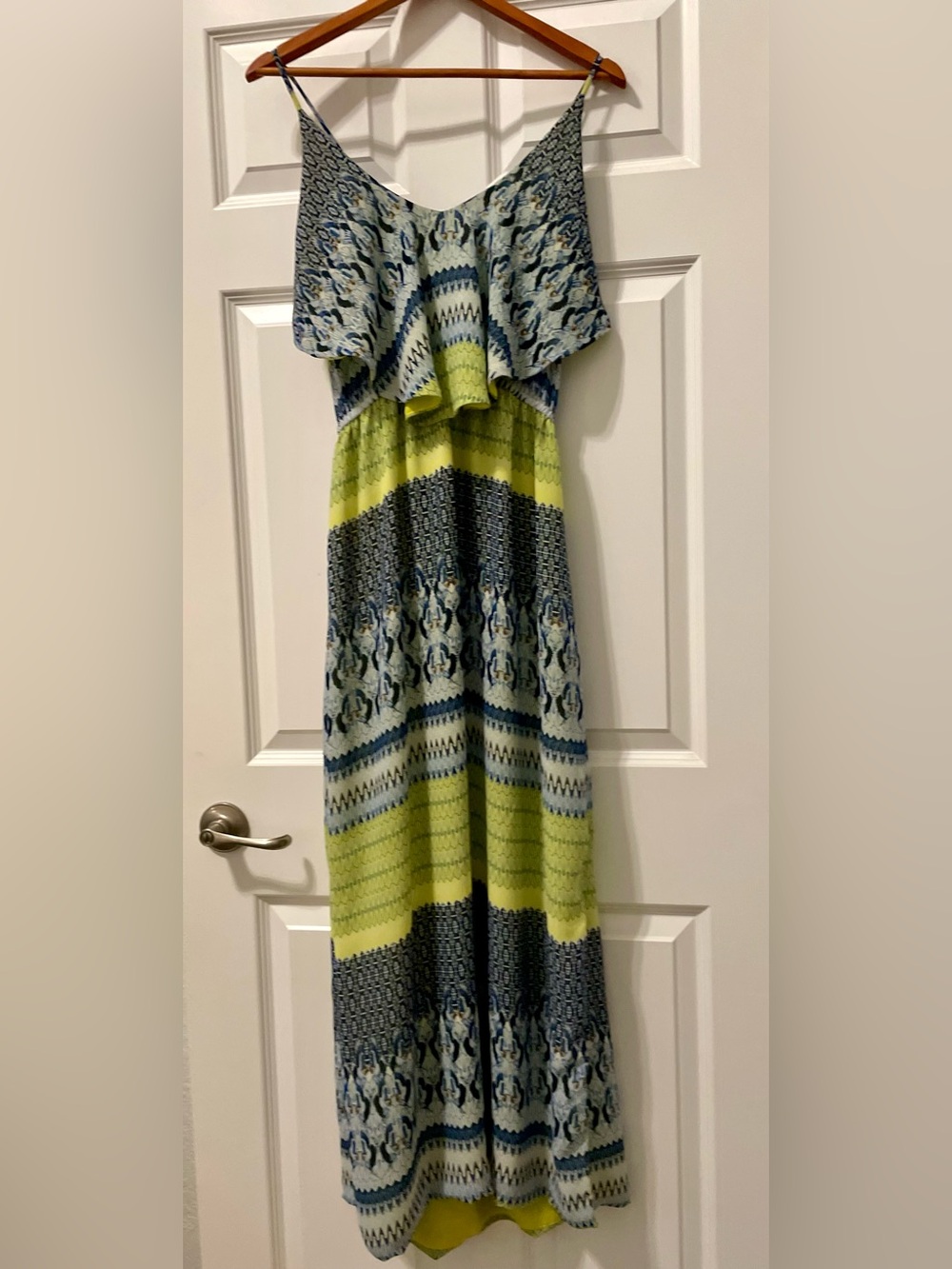 Women's L Blue/Green Geometric Maxi Dress V-Neck Ruffle Lined Straps